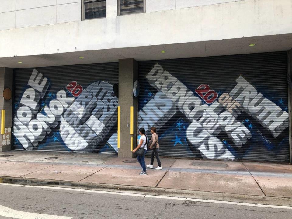Daniel Fila’s ‘Vote 2020’ is on display at 100 E. Flagler St. for the next 12 months until the building undergoes renovations and is gutted as part of the Miami Flagler Common project. 