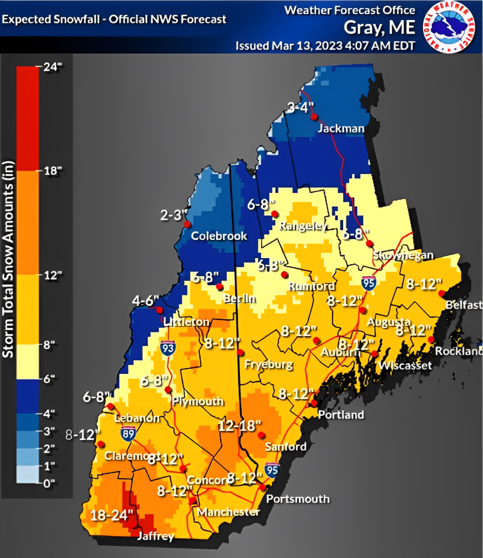 A Nor'easter set to hit New Hampshire and Maine on Tuesday is expected to bring snow all day and into Wednesday, per the National Weather Service in Gray, Maine.