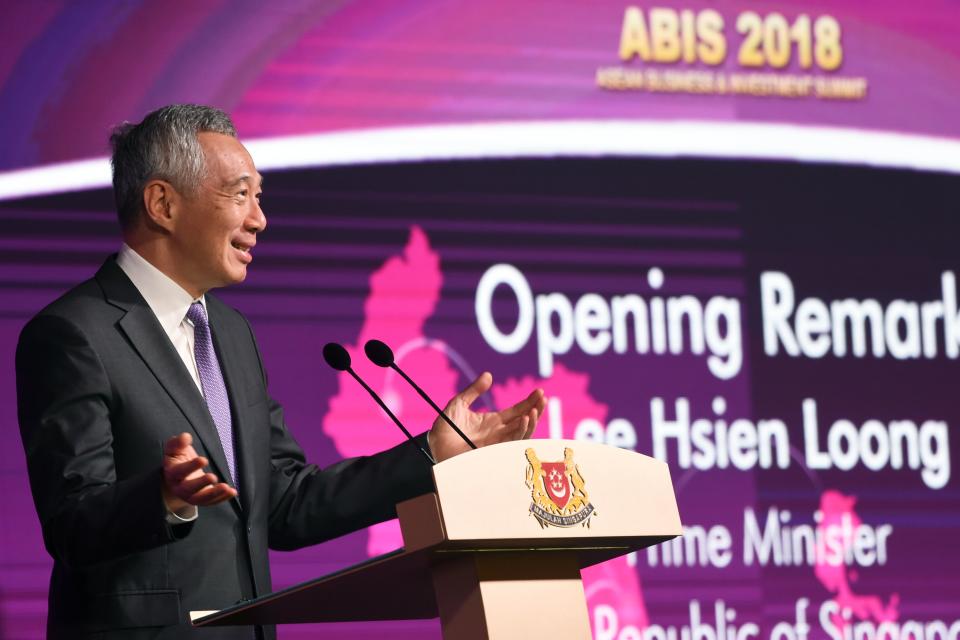 Singapore’s Prime Minister Lee Hsien Loong speaks at a business forum on the sidelines of the 33rd Association of Southeast Asian Nations (ASEAN) summit in Singapore on November 12, 2018. (Photo: ROSLAN RAHMAN/AFP/Getty Images)