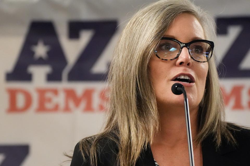 Gubernatorial candidate Katie Hobbs speaks as the Arizona Democratic Party hosts a Unity Rally with statewide candidates to energize Democratic voters and volunteers ahead of the November election at Carpenters Union Hall on Saturday, Aug. 27, 2022.   