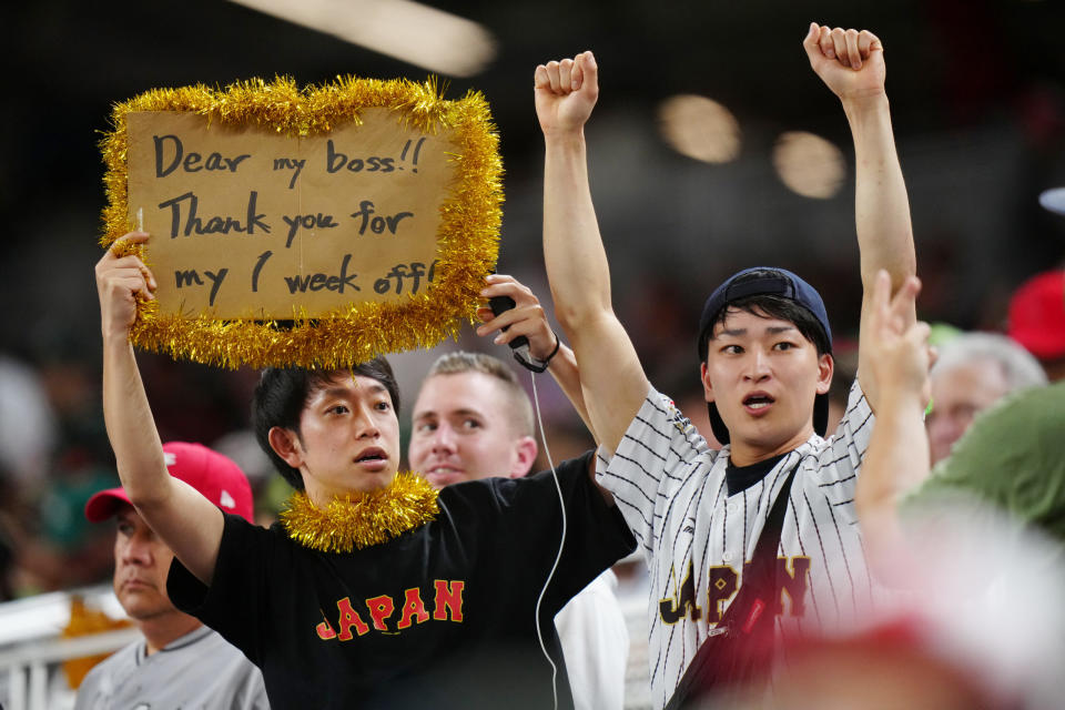 Songs of faith and devotion: Japanese fans in Miami for the World Baseball Classic in March 2023. Japan eventually triumphed over Team USA 3-2. (Credit: Daniel Shirey/WBCI/MLB Photos via Getty Images)