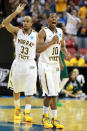 LOUISVILLE, KY - MARCH 15: Jewuan Long #33 and Zay Jackson #10 of the Murray State Racers reacts after a play against the Colorado State Rams during the second round of the 2012 NCAA Men's Basketball Tournament at KFC YUM! Center on March 15, 2012 in Louisville, Kentucky. (Photo by Andy Lyons/Getty Images)