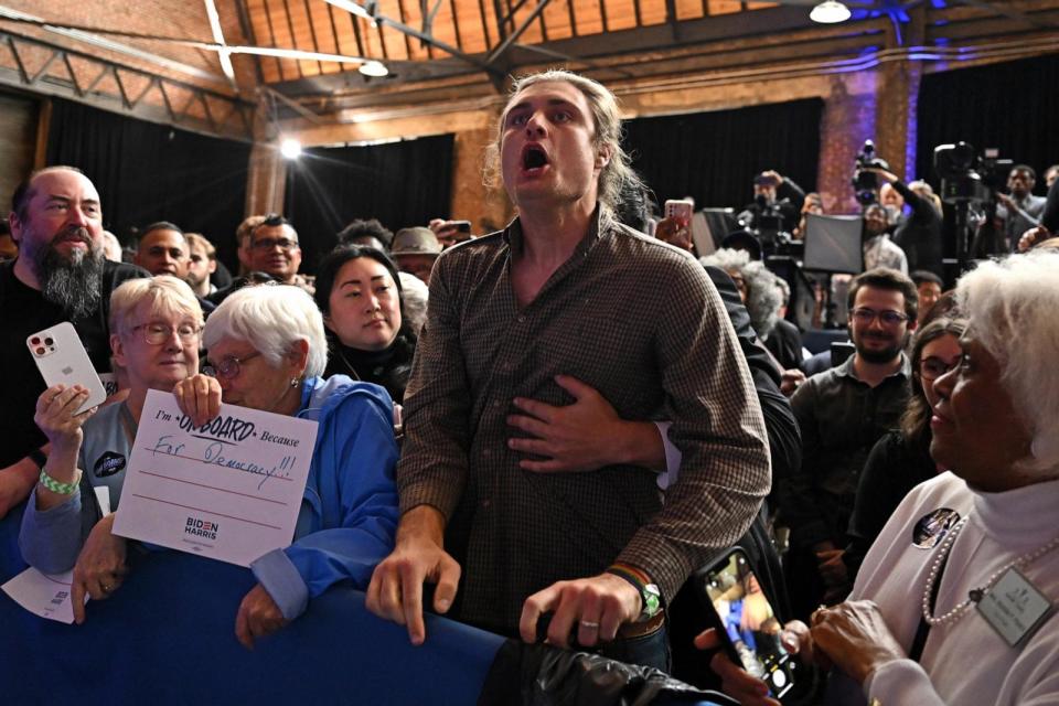 PHOTO: A protestor yelling in support of Palestinians is taken out of the crowd as US President Joe Biden speaks during a campaign event in Atlanta, March 9, 2024. (Jim Watson/AFP via Getty Images, FILE)