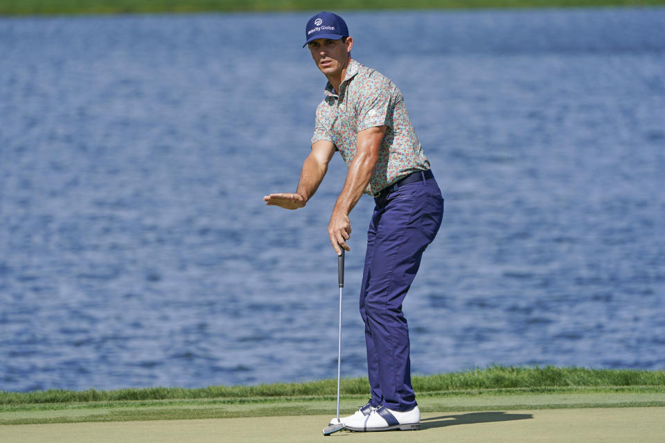 Billy Horschel reacts to his putt on the 6th green during the third round of the Arnold Palmer Invitational golf tournament Saturday, March 5, 2022, in Orlando, Fla. (AP Photo/John Raoux)