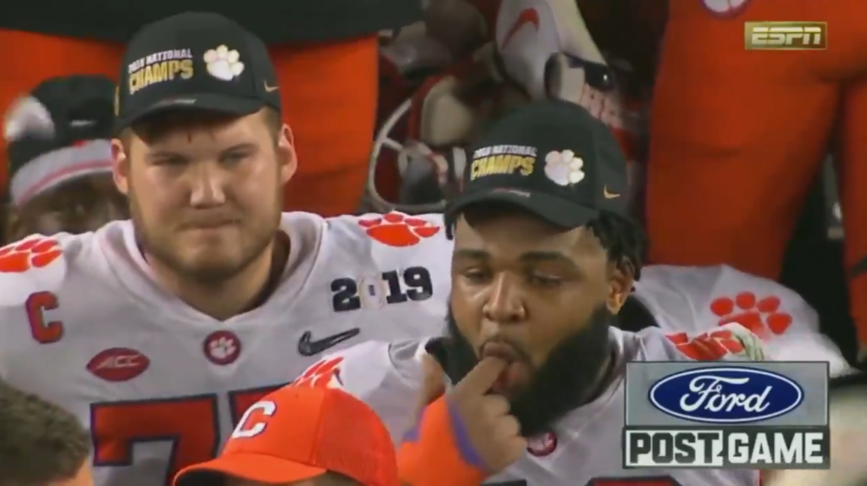 Clemson’s Christian Wilkins gave his coach Dabo Swinney a wet willy as Swinney was being interviewed on national TV. (Screenshot)