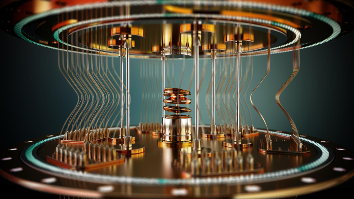  3D illustration of a working quantum computer with fictitious and realistic design elements combined. 