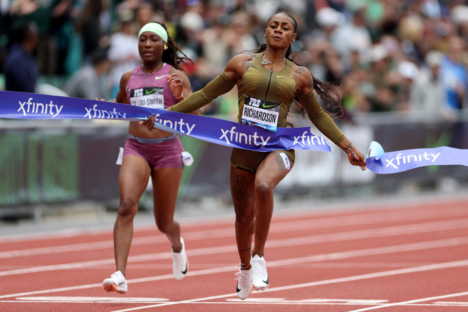 EUGENE, OREGON - MAY 25: Sha'Carri Richardson of Team USA wins the women's 100 meter dash during the Wanda Diamond League Prefontaine Classic at Hayward Field on May 25, 2024 in Eugene, Oregon. (Photo by Steph Chambers/Getty Images)