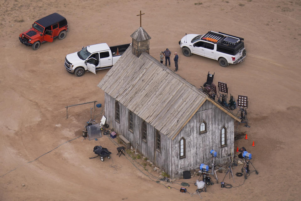 This aerial photo shows a film set at the Bonanza Creek Ranch in Santa Fe, N.M., Saturday, Oct. 23, 2021. Actor Alec Baldwin fired a prop gun on the set of a Western being filmed at the ranch on Thursday, Oct. 21, killing the cinematographer, officials said. (AP Photo/Jae C. Hong)