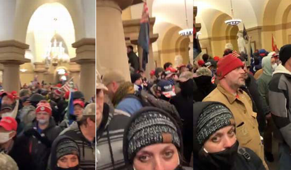 Federal prosecutors say Virginia Spencer appears in these screenshots wearing a patterned toboggan, black facemask and a dark hoodie inside the U.S. Capitol on Jan. 6, 2021. The images were embedded in a federal court document.