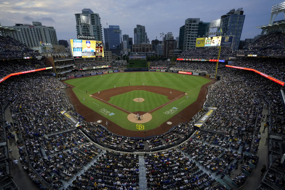 San Diego Padres starting pitcher Blake Snell throws to a Los Angeles Dodgers batter during the fourth inning of a baseball game Saturday, Sept. 10, 2022, in San Diego. (AP Photo/Gregory Bull)