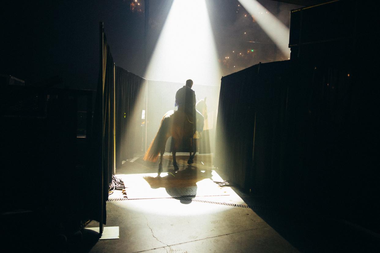 For the second act of his show, Bad Bunny rode a horse into the venue.