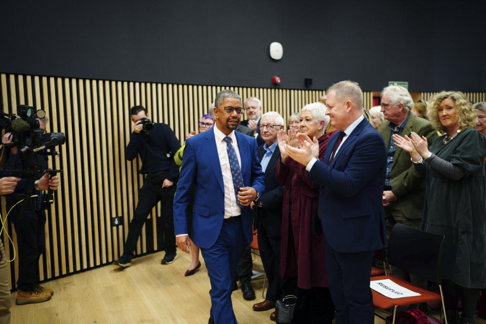 Labour supporters clap as Vaughan Gething as he arrives, at Cardiff University, after being elected as the next Welsh Labour leader and First Minister of Wales, in Cardiff, Saturday, March 16, 2024. Gething has won the Welsh Labour Party leadership contest and is set to become the first Black leader of Wales’ semi-autonomous government. Gething, who is currently Welsh economy minister, beat Education Minister Jeremy Miles in a race to replace First Minister Mark Drakeford. (Ben Birchall/PA via AP)