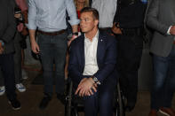 U.S. Rep. Madison Cawthorn, R-N.C., listens to a question from the media as he speaks to supporters at his primary election night watch party in Hendersonville, N.C., Tuesday, May 17, 2022. (AP Photo/Nell Redmond)