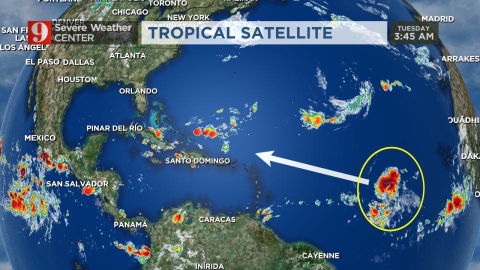 The strong tropical disturbance in the Atlantic is forecast to become a tropical depression or tropical storm on Tuesday.