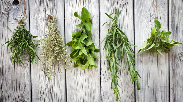 Bundles of fresh herbs