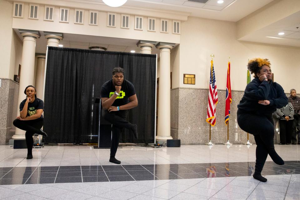 Dancers from Jackson Central-Merry High School perform during a Black History Month event at city hall in downtown Jackson, Tenn., on Friday, February 3, 2023. 