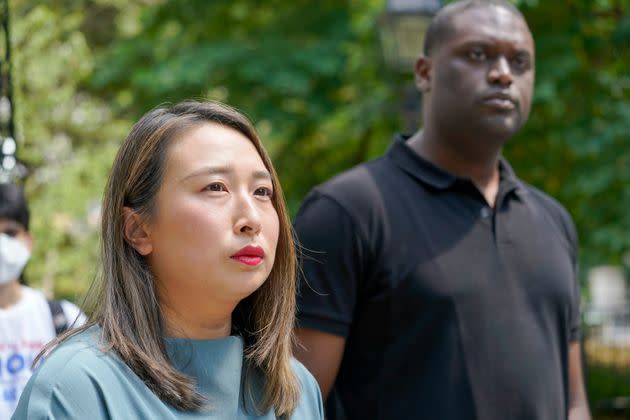 New York Assembly Member Yuh-Line Niou (left) stands with Jones (right) at a press conference criticizing rival Dan Goldman on Aug. 15. Goldman benefited from a crowded progressive lane. (Photo: Mary Altaffer/Associated Press)