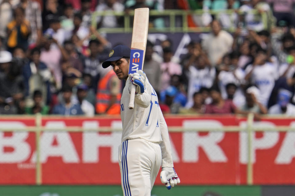 India's Shubman Gill celebrates his fifty runs on the third day of the second cricket test match between India and England in Visakhapatnam, India, Sunday, Feb. 4, 2024. (AP Photo/Manish Swarup)
