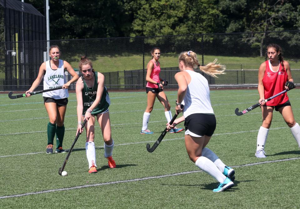 Lakeland field hockey players run through a drill during  practice at Lakeland High School in Shrub Oak  Aug. 22, 2023. 