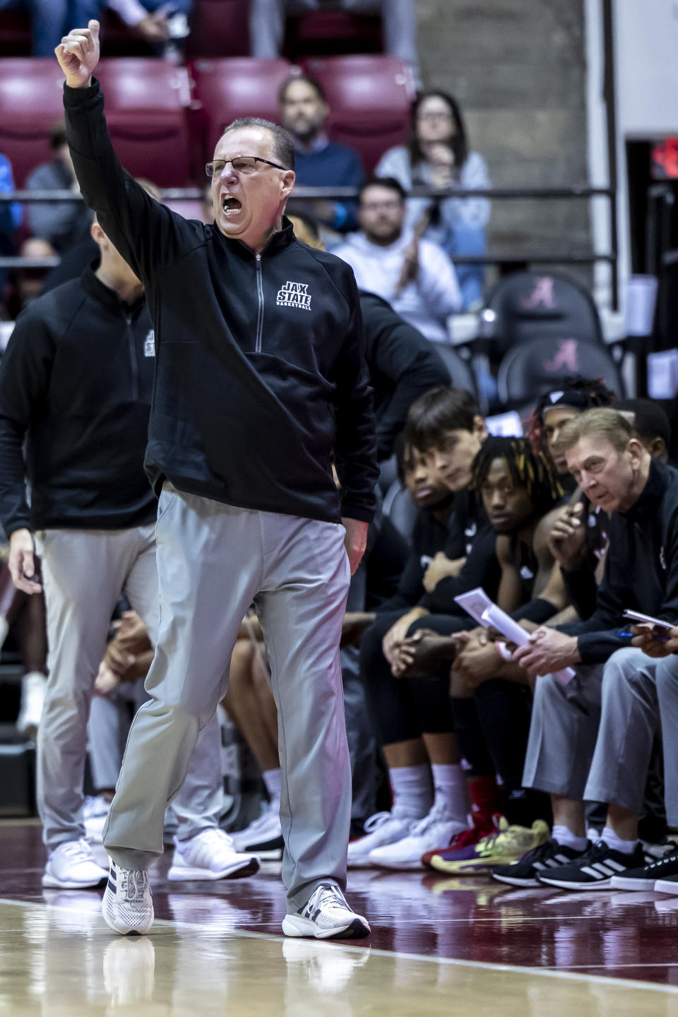 Jacksonville State head coach Ray Harper yells to his players during the first half of an NCAA college basketball game against Alabama, Friday, Nov. 18, 2022, in Tuscaloosa, Ala. (AP Photo/Vasha Hunt)