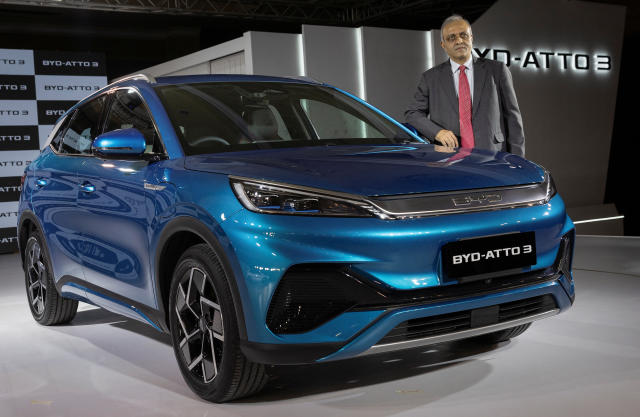 Sanjay Gopalakrishnan, Senior Vice President of Electric Passenger Vehicles of BYD India, poses with a Atto 3 electric SUV car during its launch in New Delhi, India, October 11, 2022. REUTERS/Adnan Abidi