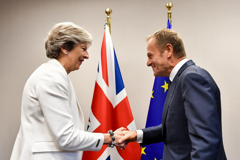 Theresa May is expected to write to European Council President Donald Tusk asking for a short extension to the Brexit negotiating timetable. Photo: GEERT VANDEN WIJNGAERT/AFP/Getty Images