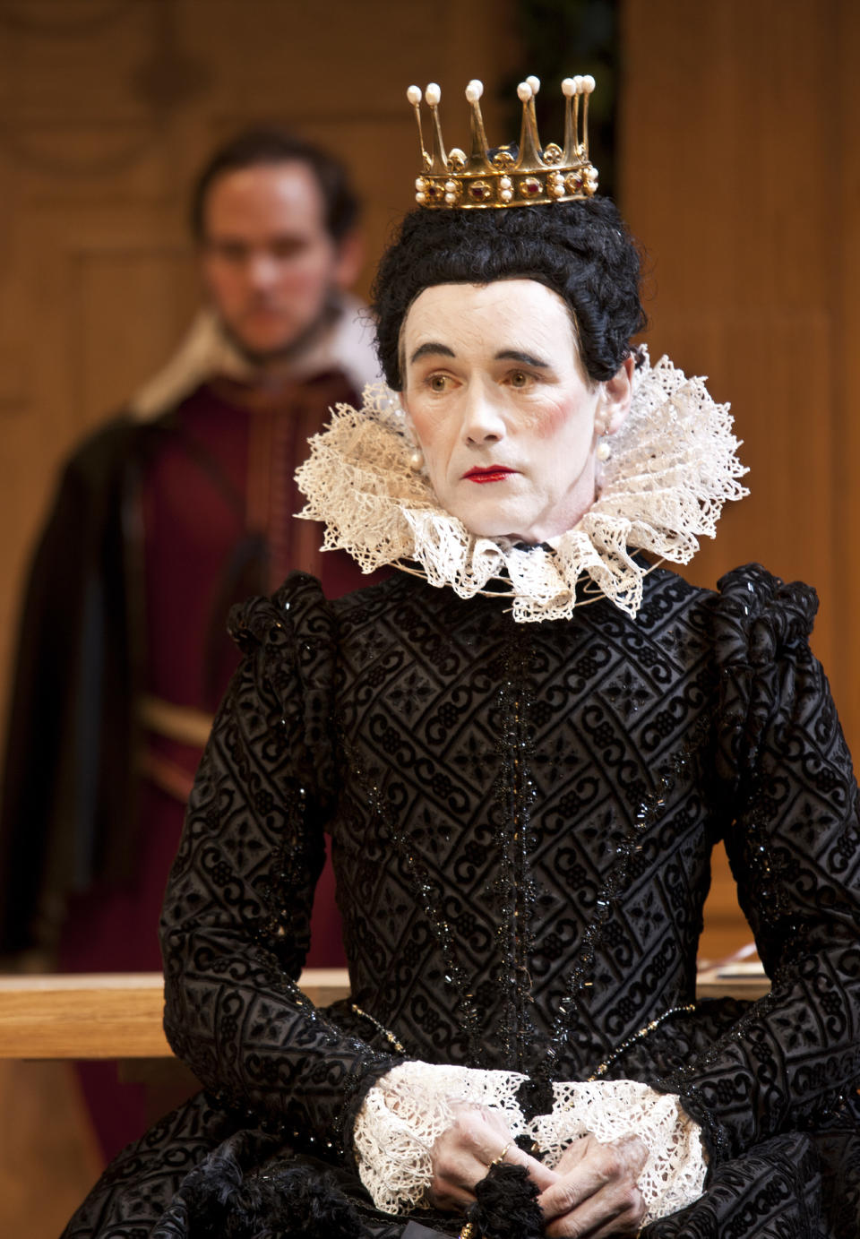 In this image provided Monday Nov. 19, 2012 by Sonia Friedman Productions, Mark Rylance, as the character Olivia, during a dress rehearsal in Twelfth Night at a London theatre, Nov. 1, 2012. Mark Rylance's latest London performances are hot tickets, and not just because he is one of Britain's leading Shakespearean actors. It's a chance to see him in two wildly contrasting roles, the scheming usurper dispatching everyone who stands between him and the throne in "Richard III," and the aloof countess Olivia, blindsided by love, in the boisterous comedy "Twelfth Night." (AP Photo/Simon Annand, Sonia Friedman Productions)
