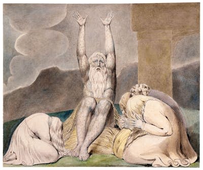 A faded illustration of an elderly man reaching toward the sky as other figures kneel around him with their heads in their hands.
