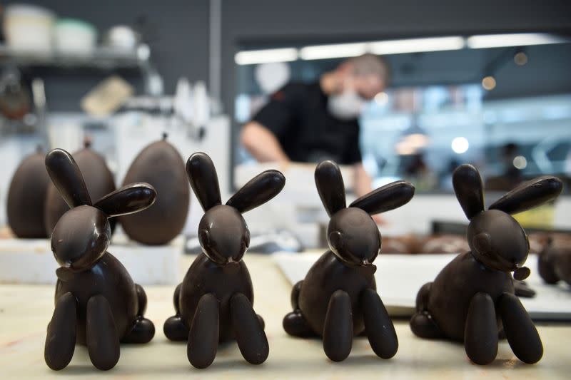 Jerome Grimonpon makes chocolate for Easter during the coronavirus lockdown imposed by the Belgian government