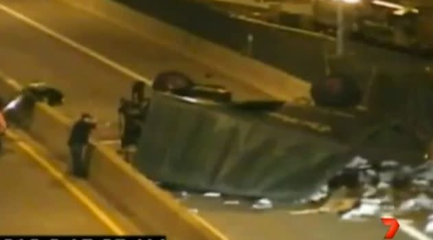 Healy's truck overturned on the highway. Photo: 7News