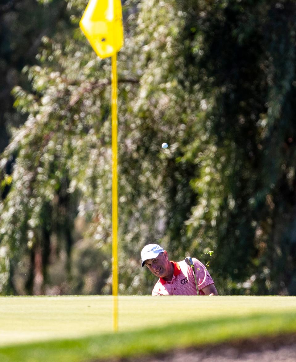 Jeff Gove hits from just off the fifth green during the first day of the Pro-Am at The Galleri Classic at the Mission Hills Country Club in Rancho Mirage, Calif., Wednesday, March 22, 2023. 