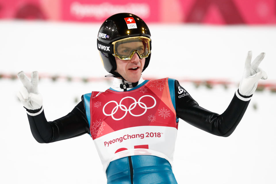 <p>Switzerland’s Simon Ammann reacts after competing in the men’s normal hill individual ski jumping event on February 10, 2018, in Pyeongchang. </p>