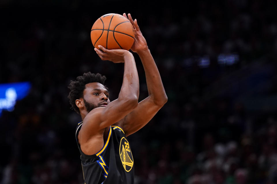 Golden State Warriors forward Andrew Wiggins attempts a shot against the Boston Celtics during Game 4 of the 2022 NBA Finals at the TD Garden in Boston on June 10, 2022. (David Butler II/USA TODAY Sports)