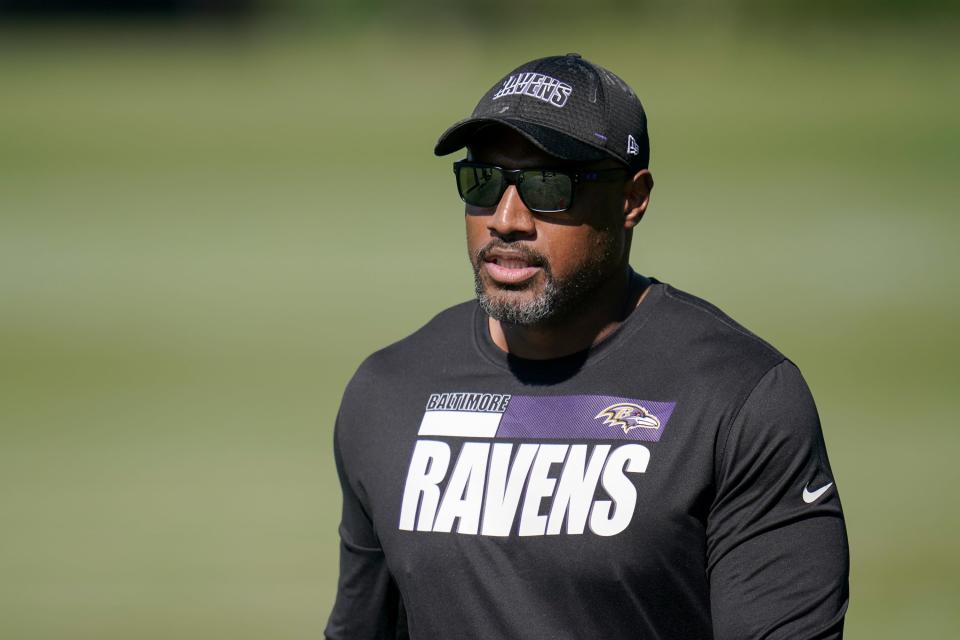 Baltimore Ravens defensive line coach Anthony Weaver looks on during the team's NFL football training, Wednesday, June 16, 2021, in Owings Mills, Md. (AP Photo/Julio Cortez)