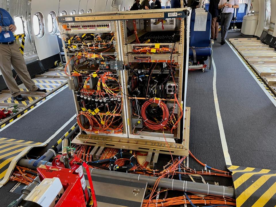 Boeing 777X Flight Test 1 aircraft at the Farnborough Air Show 2022.