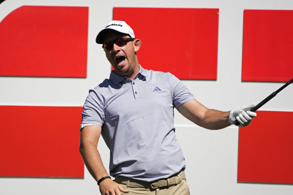 Lucas Herbert, of Australia, yells after hitting the ball left from the 18th tee of the Silverado Resort North Course during the first round of the Fortinet Championship PGA golf tournament in Napa, Calif., Thursday, Sept. 14, 2023. (AP Photo/Eric Risberg)