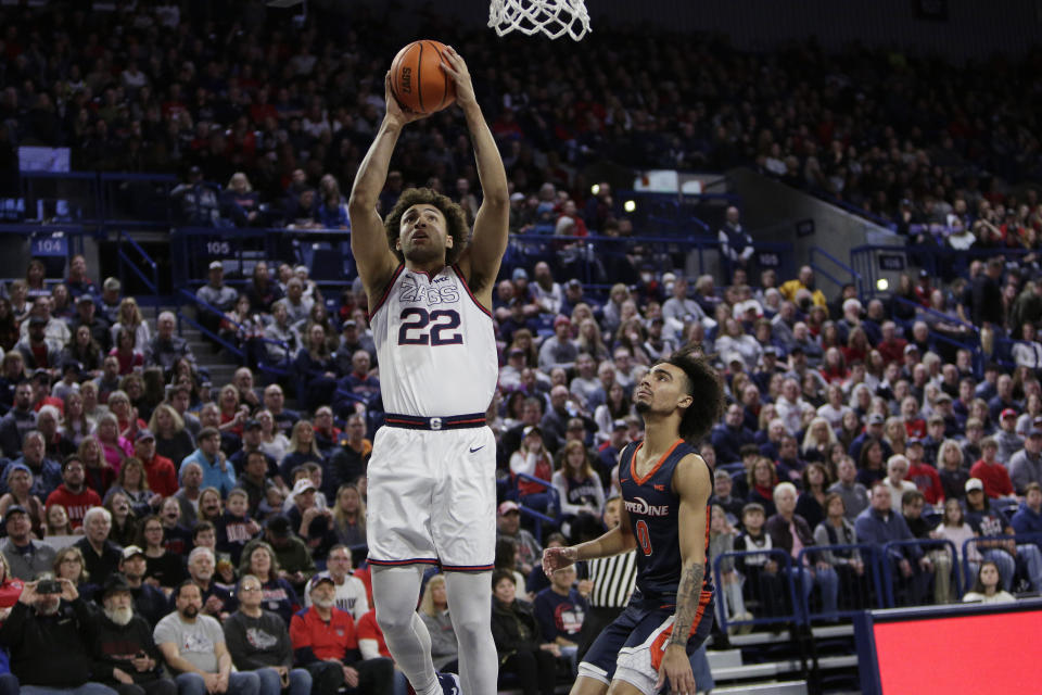 Gonzaga forward Anton Watson (22) shoots next to Pepperdine guard Houston Mallette (0) during the first half of an NCAA college basketball game, Saturday, Dec. 31, 2022, in Spokane, Wash. (AP Photo/Young Kwak)