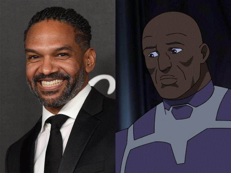 Khary Payton, left, in November 2022. Black Samson, right, on season two of the animated series "Invincible."