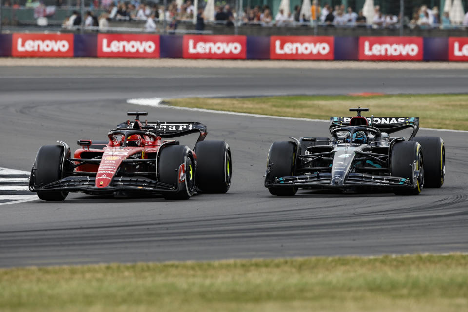 16 Charles Leclerc of Monaco, Scuderia Ferrari, SF-23 - Ferrari, action 63 George Russell of United Kingdom, Mercedes - AMG PETRONAS, W14 - Mercedes, action during the Formula 1 Aramco British Grand Prix from 6th to 9th July of 2023. On the Silverstone Circuit, in Silverstone, United Kingdom. (Photo by Gongora/NurPhoto via Getty Images)