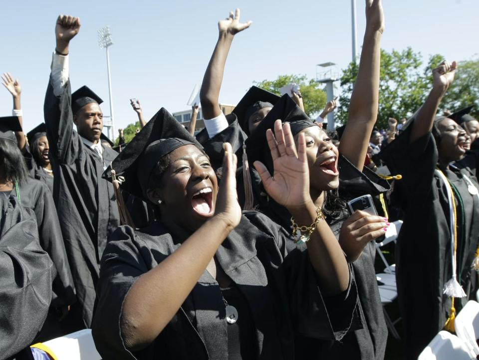 <span class="caption">Students at Hampton University celebrate at graduation on May 9. 2010. Studies suggest, however, that the benefits African American students accrue from education will be fewer than those of whites.</span> <span class="attribution"><a class="link " href="http://www.apimages.com/metadata/Index/Obama/bdfcc620c7644d67ba4f6a8eeca60dcc/44/0" rel="nofollow noopener" target="_blank" data-ylk="slk:J. Scott Applewhite/AP;elm:context_link;itc:0;sec:content-canvas">J. Scott Applewhite/AP</a></span>