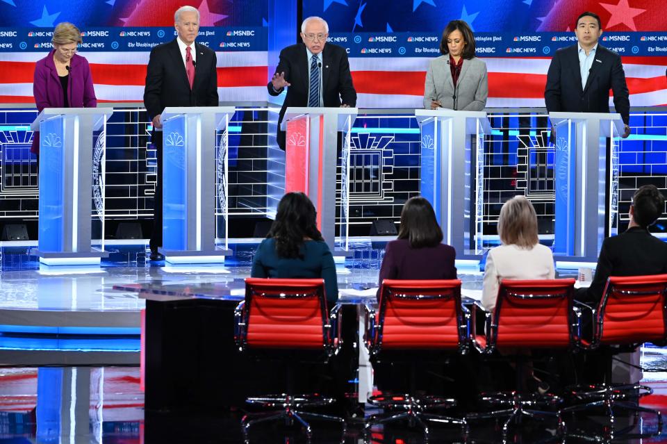 Democratic presidential candidates debate in Atlanta on Nov. 20, 2019.