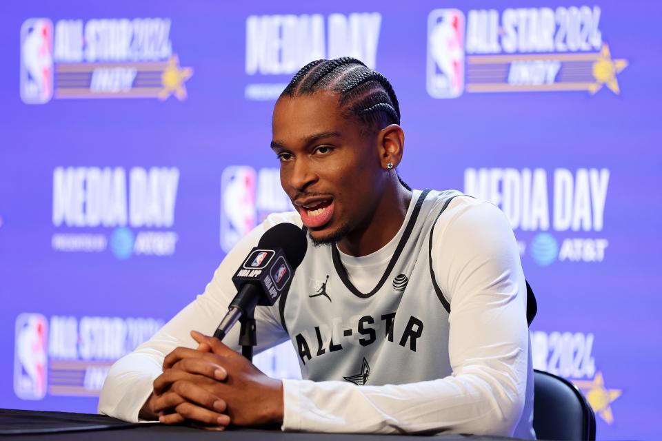 Thunder guard Shai Gilgeous-Alexander answers a question during media day Saturday ahead of the NBA All-Star Game in Indianapolis.