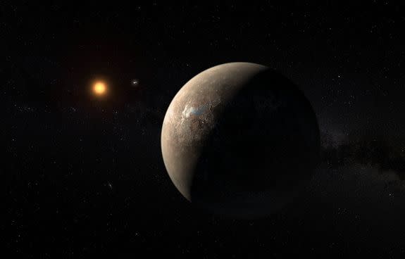 This artist’s impression shows the planet Proxima b orbiting the red dwarf star Proxima Centauri.