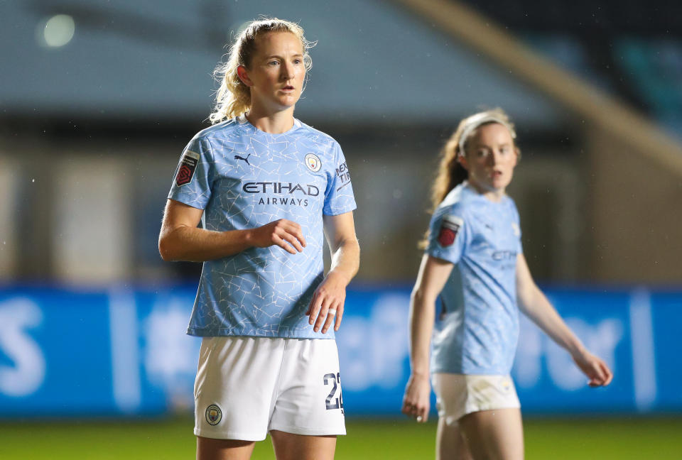 Sam Mewis (front) and Rose Lavelle are in their first season with Manchester City's women's team. (Photo by Matt McNulty - Manchester City/Manchester City FC via Getty Images)