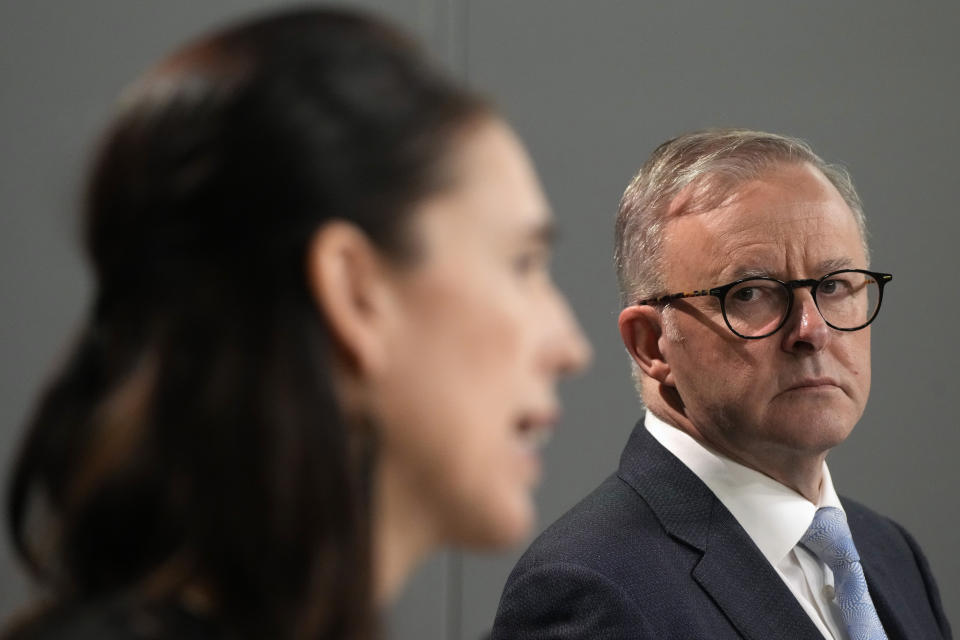 New Zealand Prime Minister Jacinda Ardern, left, speaks during a joint press conference with Australia's Prime Minister Anthony Albanese in Sydney, Australia, Friday, July 8, 2022. (AP Photo/Rick Rycroft)