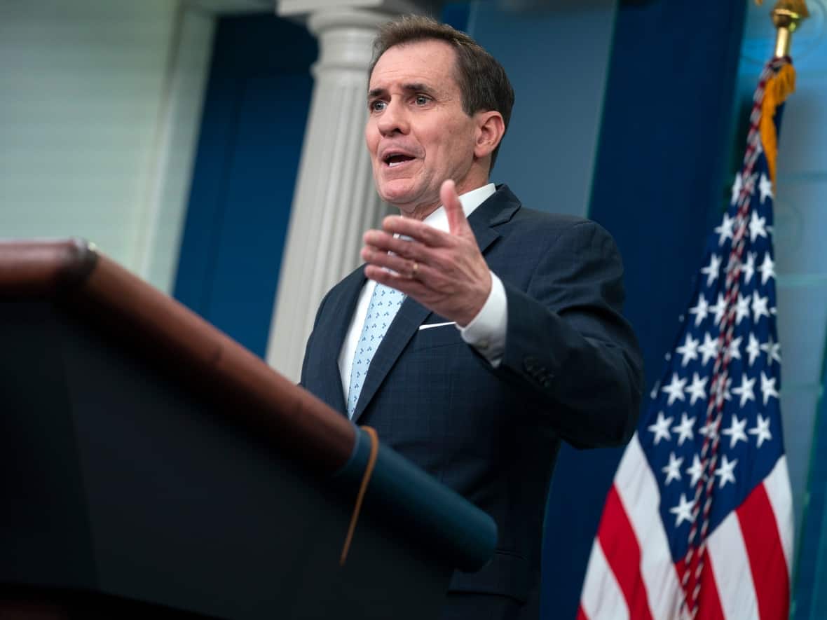 National Security Council spokesperson John Kirby speaks during a press briefing at the White House on Feb. 13 in Washington. Kirby said Sunday that Canadian leaks to the media have not damaged the Five Eyes intelligence sharing relationship. (Evan Vucci/The Associated Press - image credit)