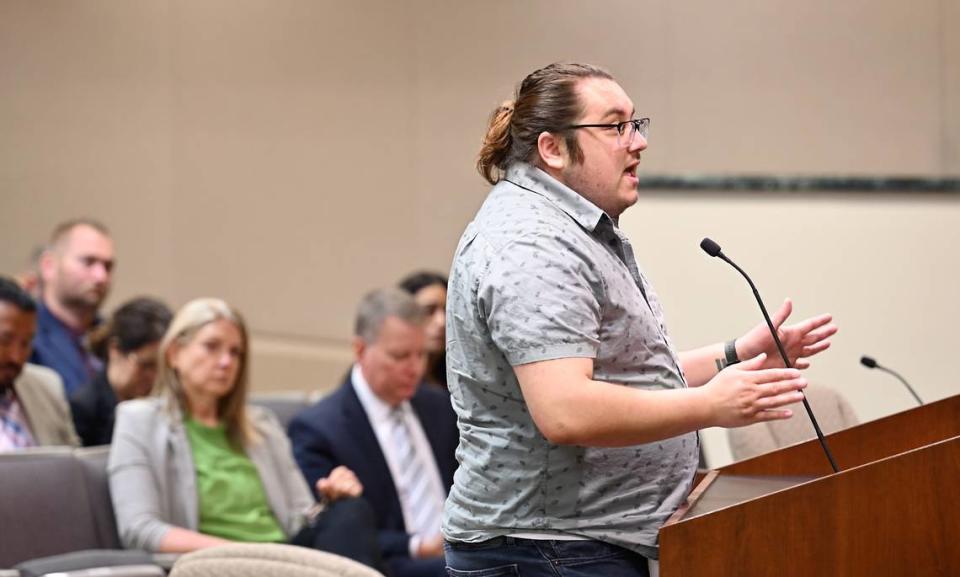 Jonathan Grammatico speaks in support of the LGBTQ+ community during a Stanislaus County Board of Supervisors meeting in Modesto, Calif., Tuesday, June 6, 2023.