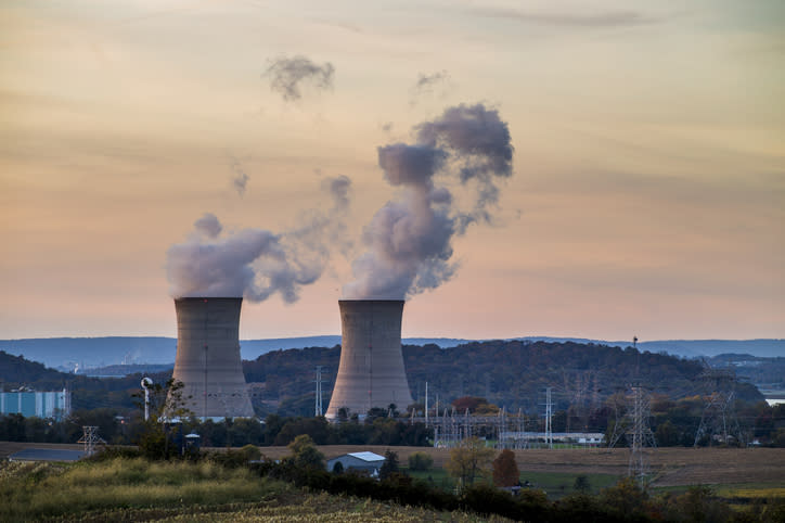 Cooling towers at the Three Mile Island nuclear-power plant.