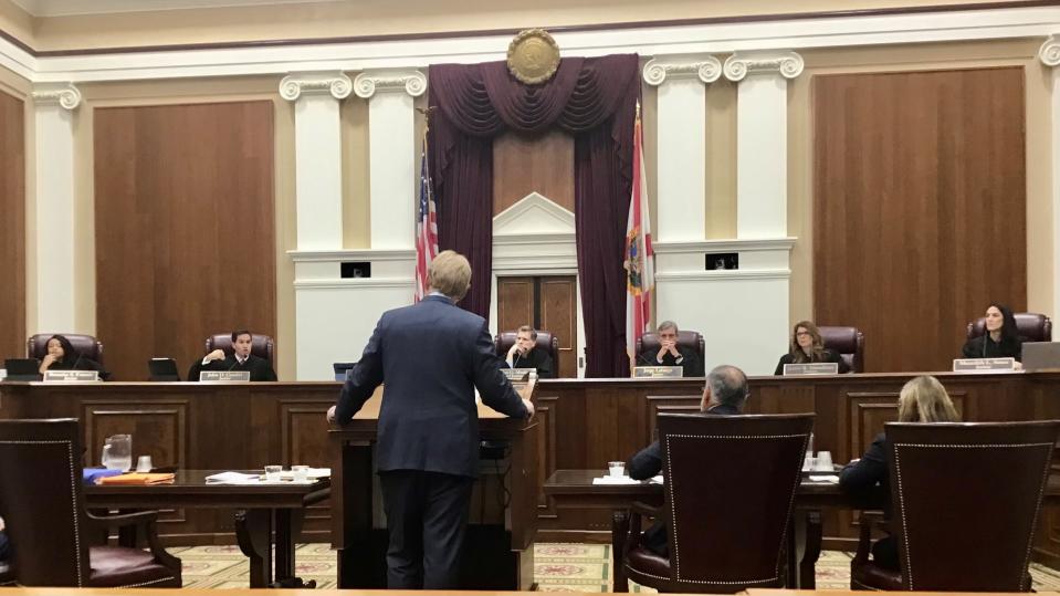 Florida Supreme Court justices hear oral arguments Thursday, Sept. 7, 2023, in the case of Jackie Faircloth, who was gravely injured by a hit-and-run driver in 2014 outside Potbelly's bar. Sarasota lawyer David Sales (above) argued for the Faircloth family.