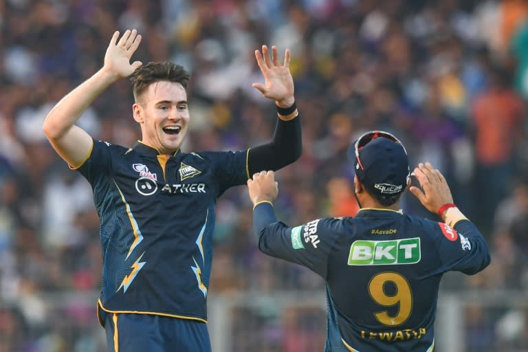 Ireland return: Josh Little (L) celebrates taking a wicket for Gujarat Titans in the Indian Premier League